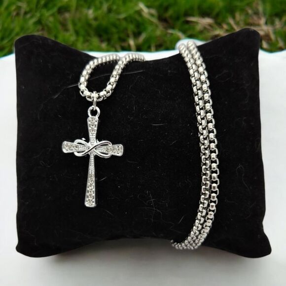 Rhinestone Infinity Cross Pendant Women's Silver Stainless Steel Necklace Gift - Picture 4 of 9